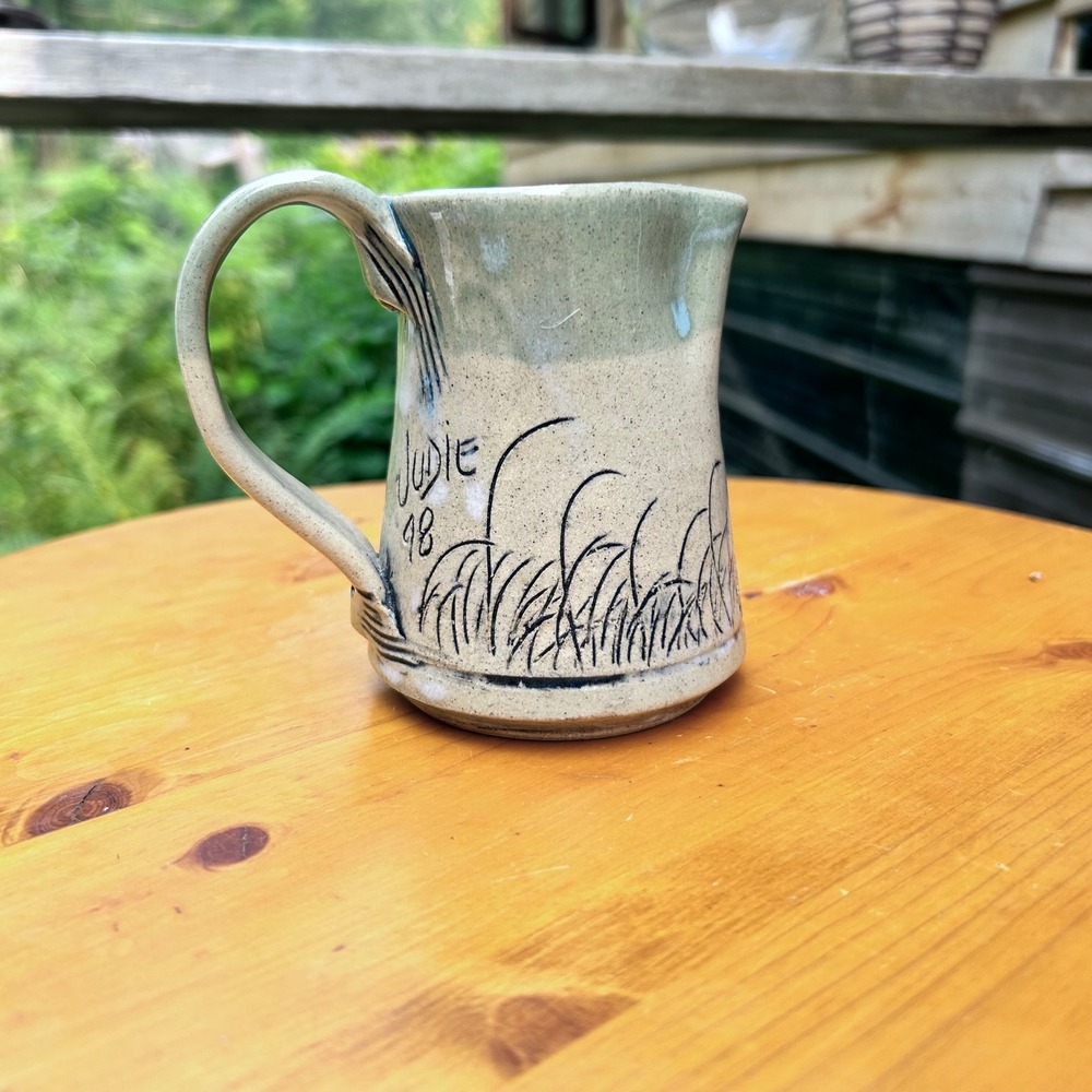 Vintage Pottery Creamer Mug Marsh Grass Sgraffito Celadon Stoneware Judie 98
